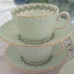 Set Of 5 Teacup And Saucer Minton Cheviot Blue Green Gold Vintage Elegant Design